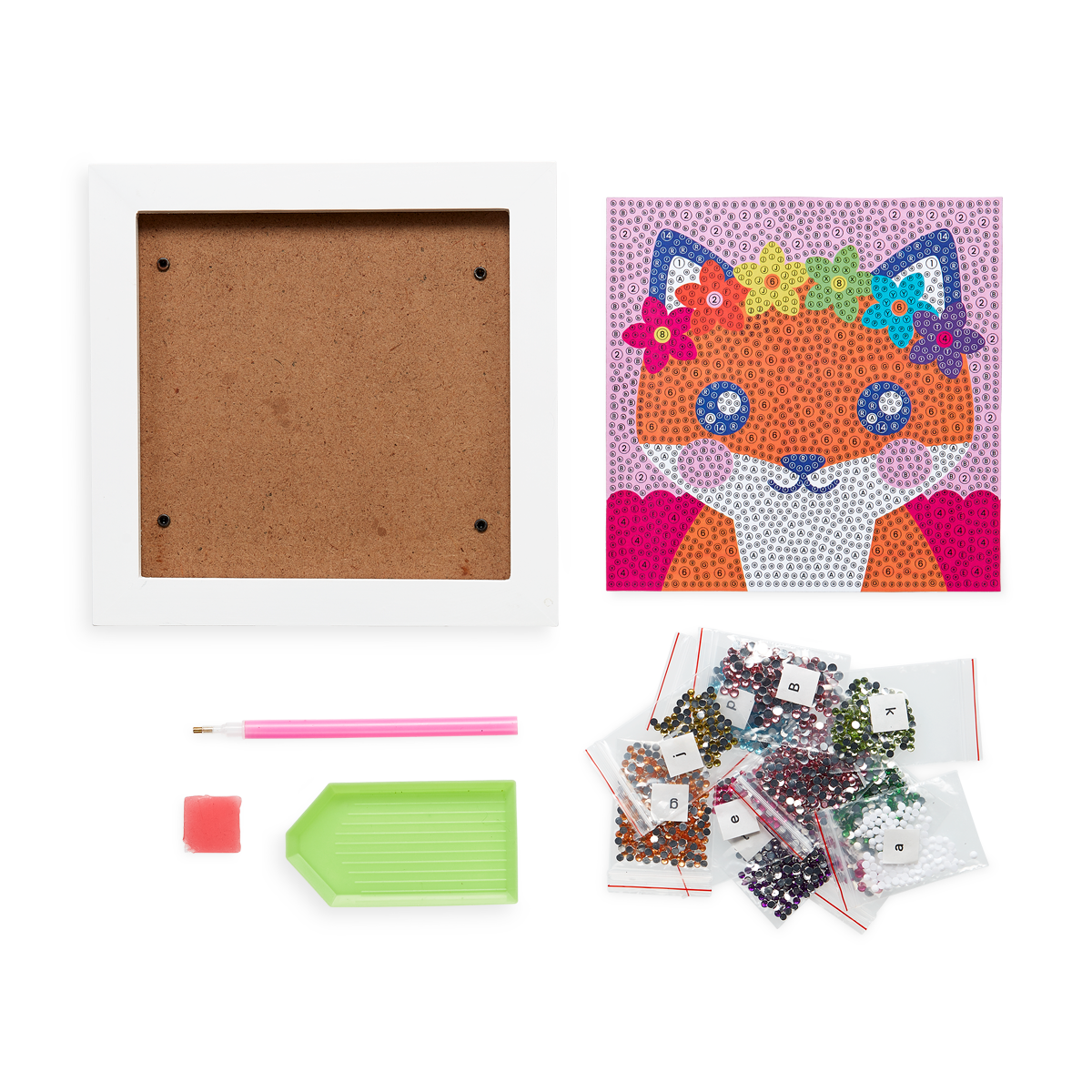 OOLY Razzle Dazzle DIY Gem Art Kit - Friendly Fox out of package showing all items included: white frame, design card, gems and accessory tools.
