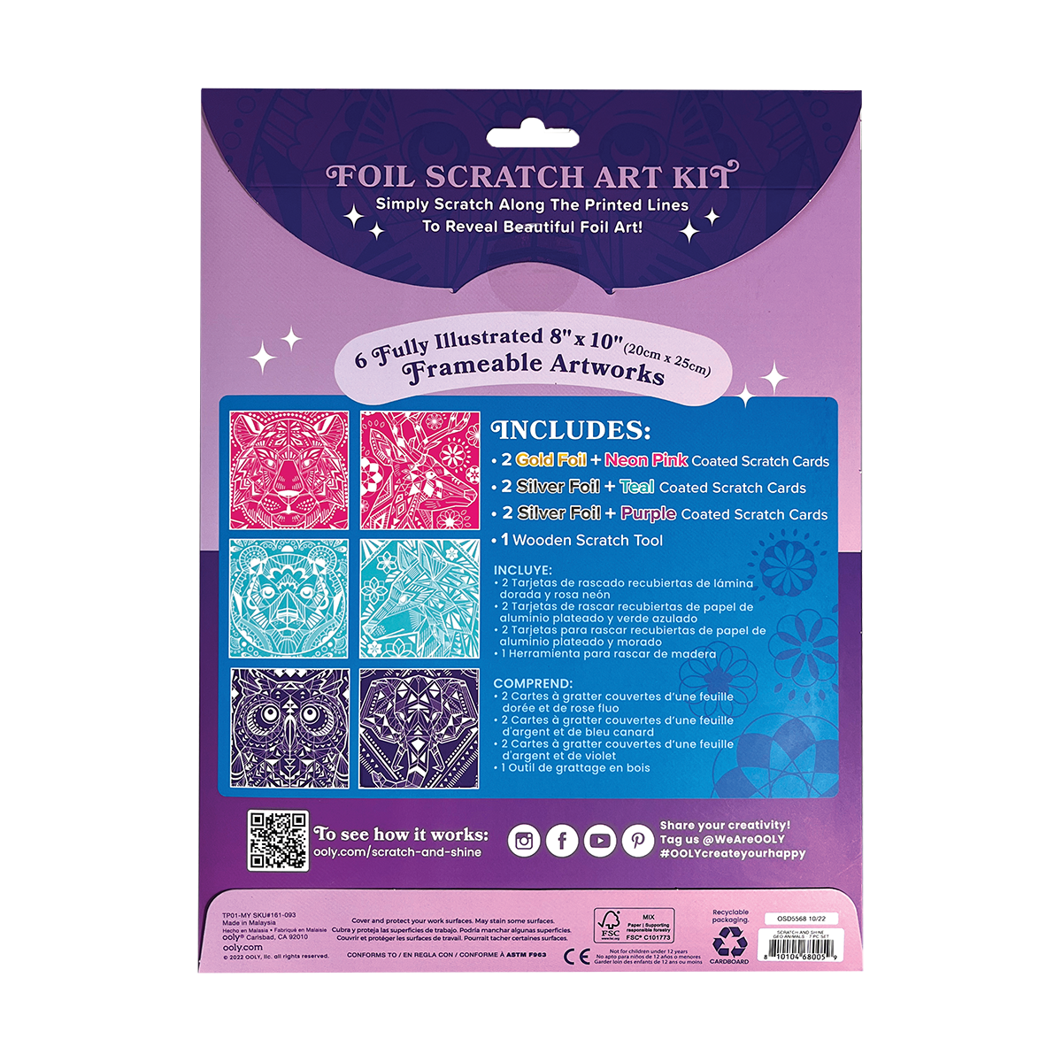 OOLY Scratch and Shine Foil Scratch Art Kit - Geometric Animals back side view of packaging