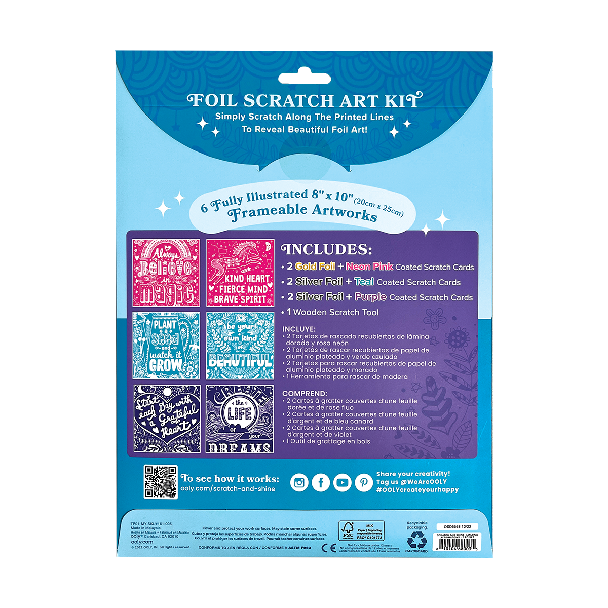 OOLY Scratch and Shine Foil Scratch Art Kit - Amazing Affirmations backside view of packaging