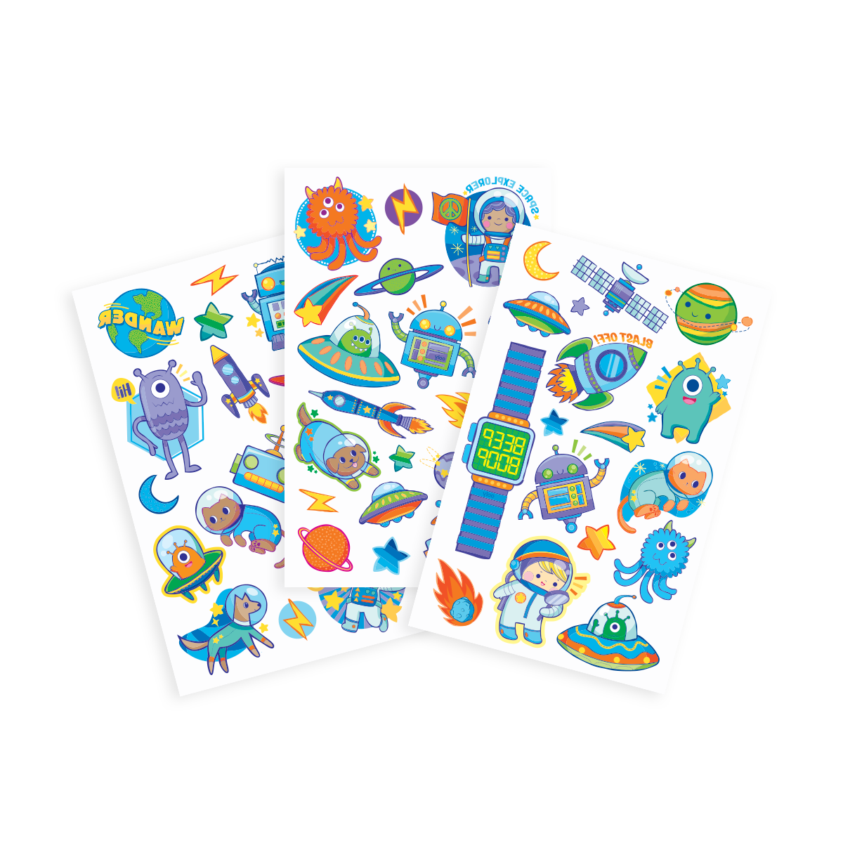 OOLY Space Explorer temporary tattoos featuring 3 sheets